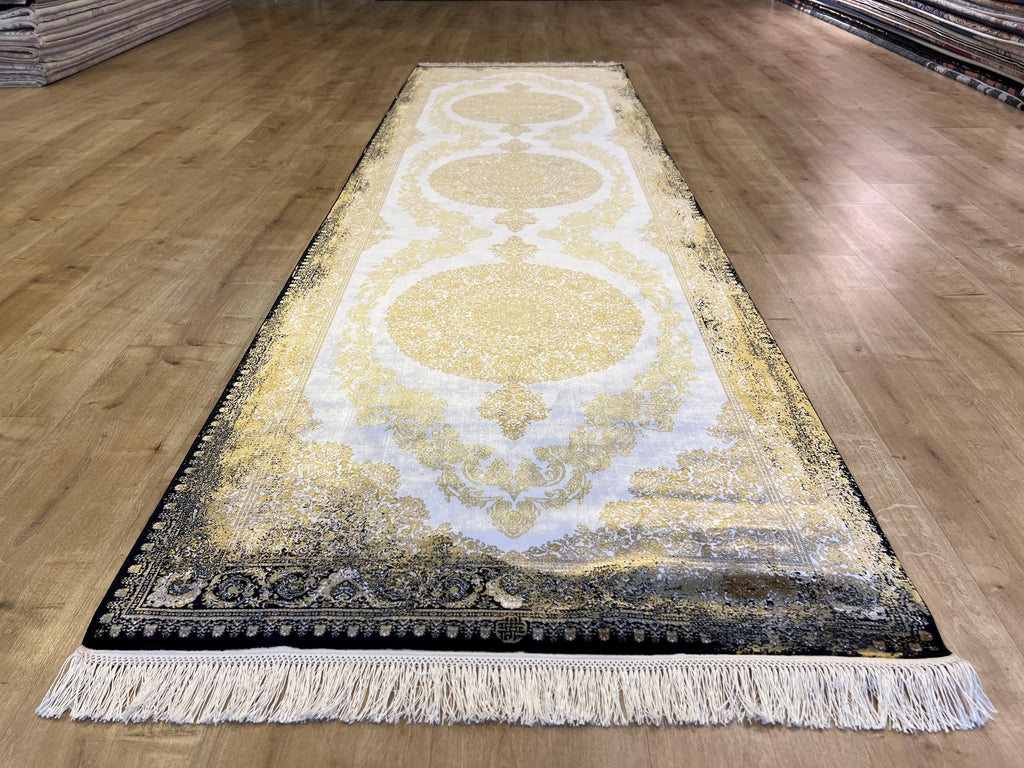Black Gold Medallion Silk Runner Rug, 3x10 ft, Classic Luxury Turkish Rug