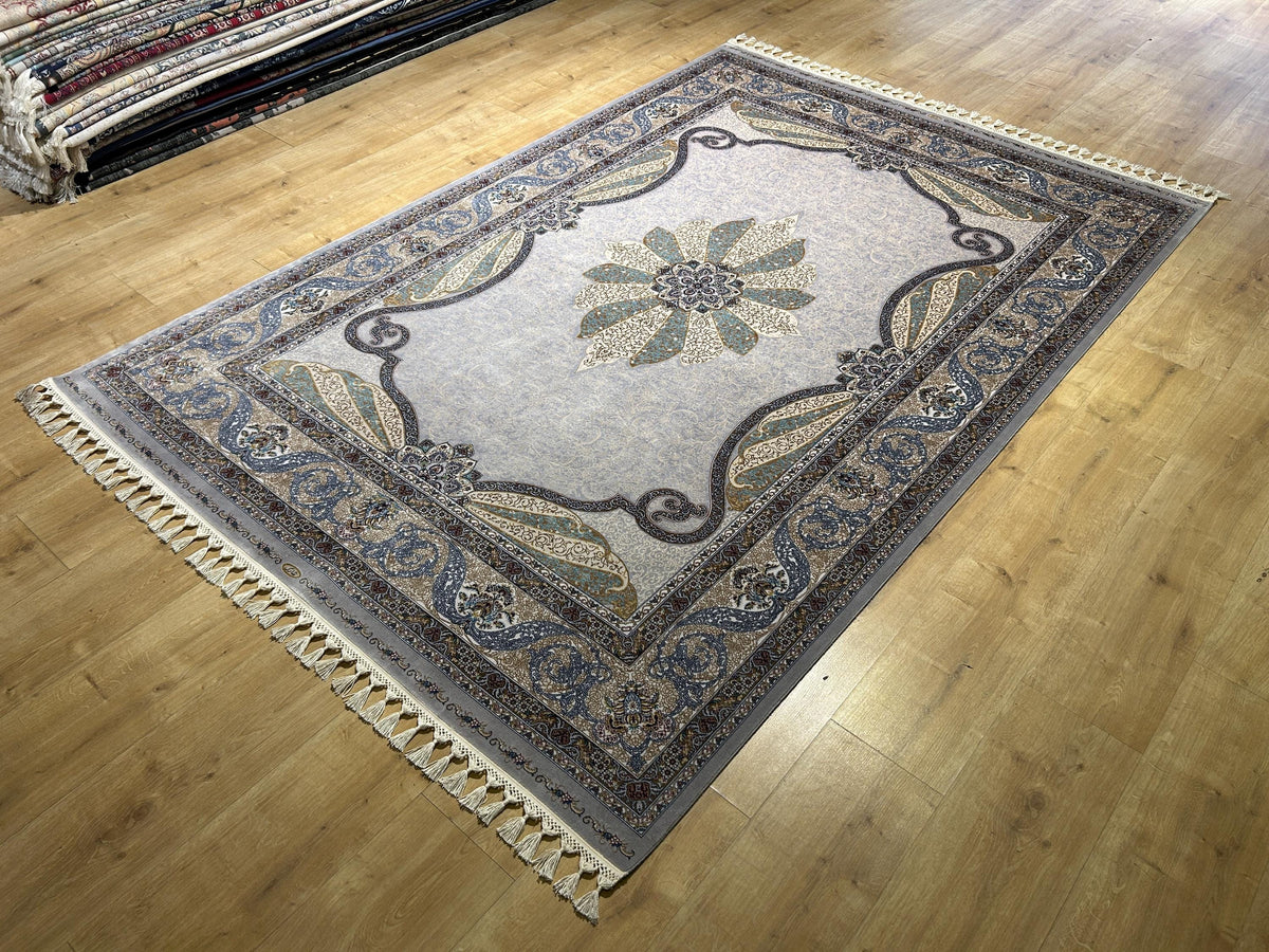 Gray Silk Rug, Gold Blue Medallion, Classic Traditional Style Carpet