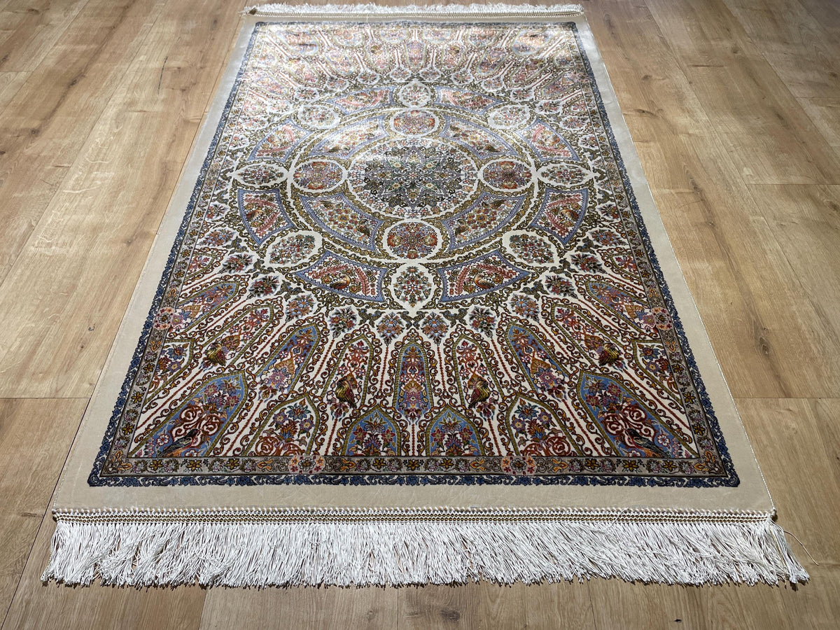 Cream Small Silk Rug, Ornate Medallion Silk Mat, Luxury Home Decor