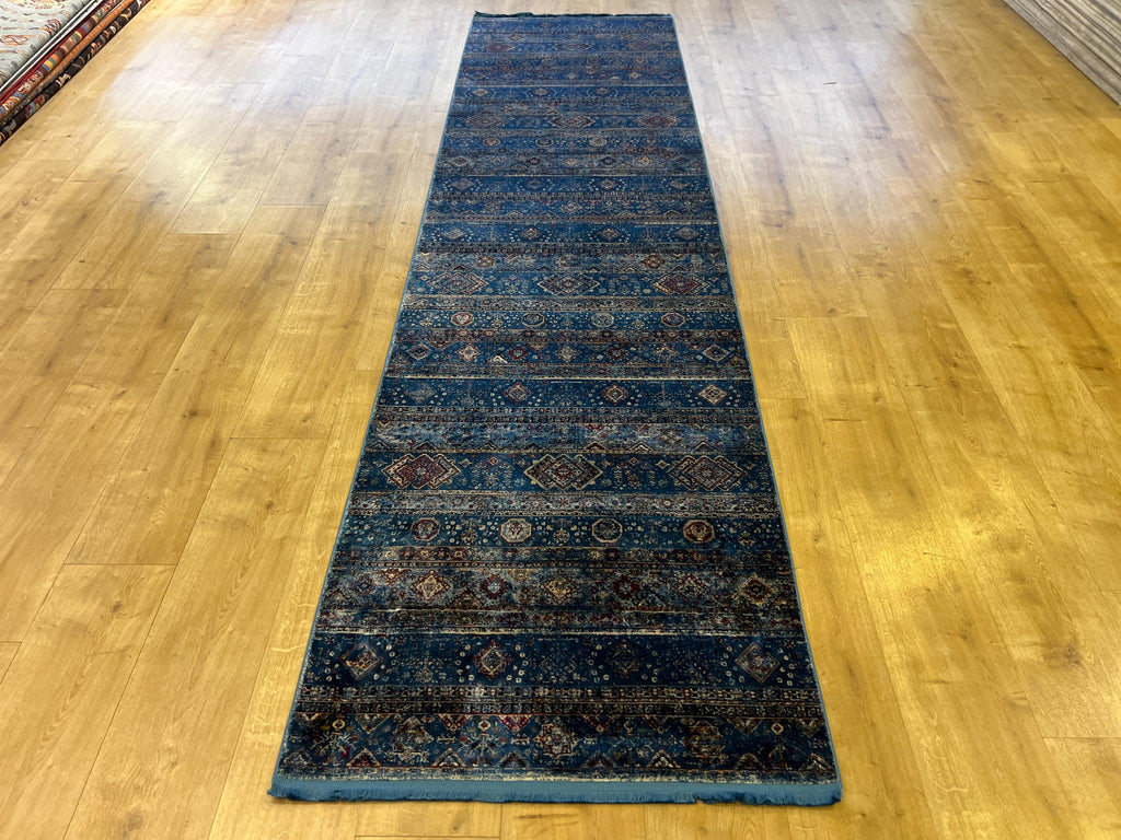 Blue Ethnic Pattern Bamboo Runner Rug, 3x10 ft, Modern Hallway Rug