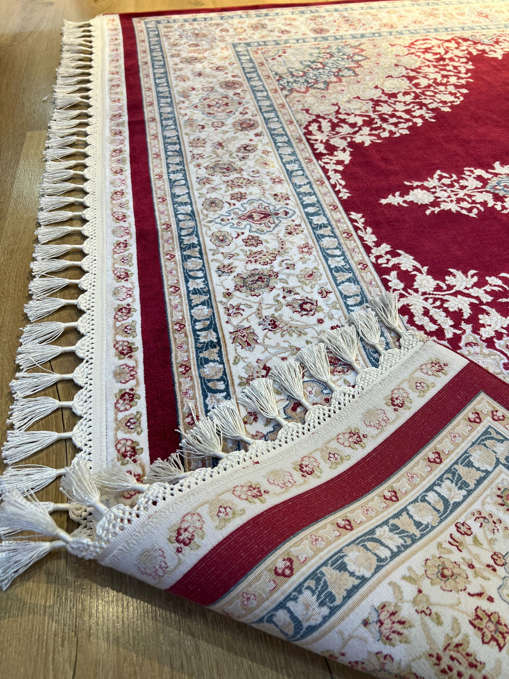 5x8 ft Red Silk Rug, Blue Gold Medallion, Classic Turkish Carpet, Luxury Rug