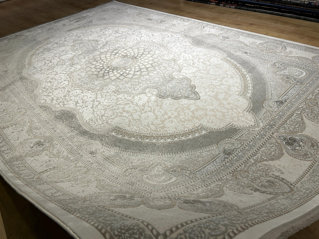 Gray Ivory Bamboo Rug, Classic Medallion Design Bamboo Carpet, Turkish Style Home Decor