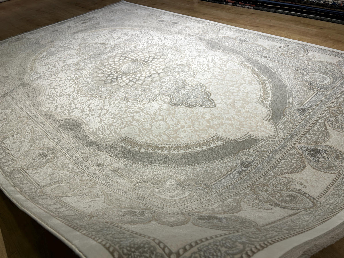 Gray Ivory Bamboo Rug, Classic Medallion Design Bamboo Carpet, Turkish Style Home Decor