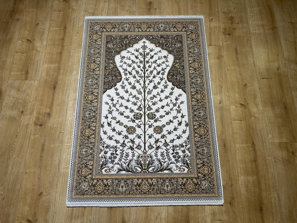 2.62x4 Ft Ivory Brown Floral Silk Prayer Rug, Muslim Gift Prayer Mat