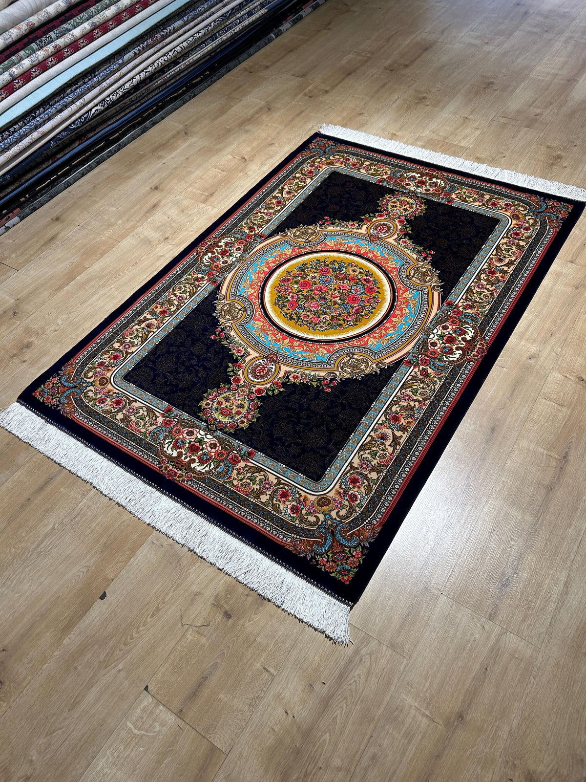 Navy Blue Silk Rug, Gold Floral Medallion Design, Classic Luxury Rug