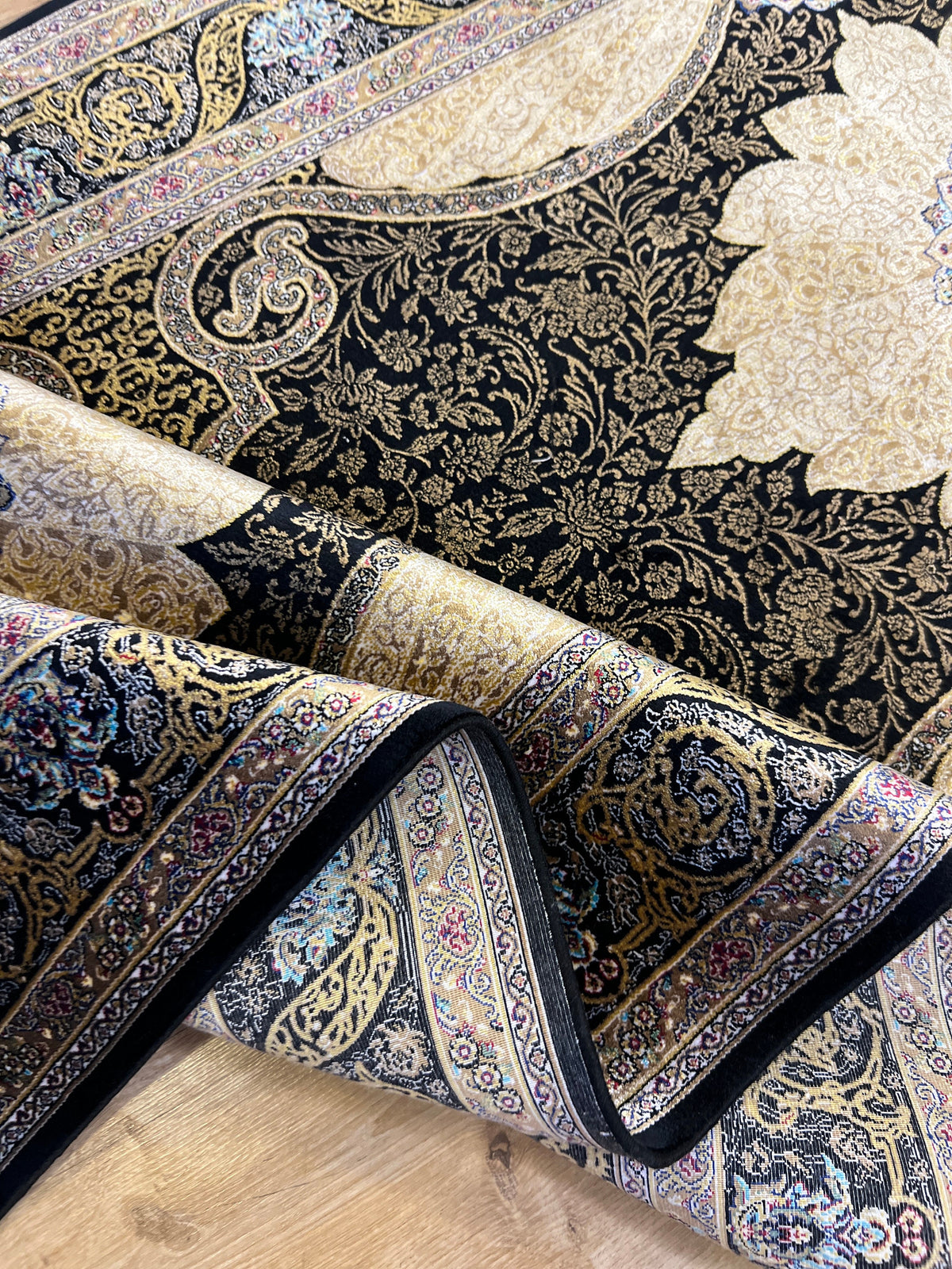 Black Gold Medallion Silk Runner Rug, 3x10 ft, Classic Luxury Hallway Rug
