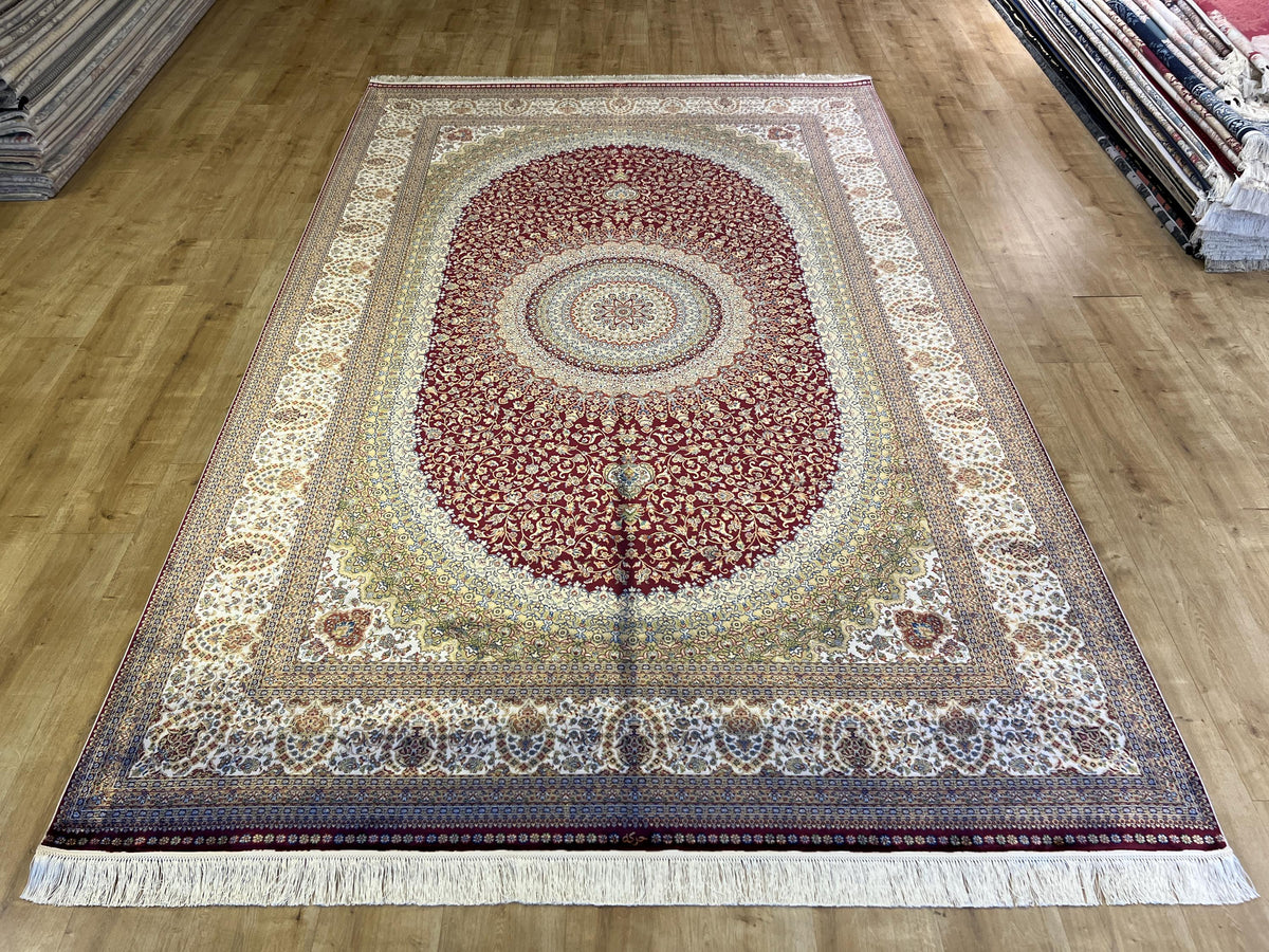 7x10 ft Red Silk Bamboo Rug, Medallion Design Carpet, Ottoman Style Carpet