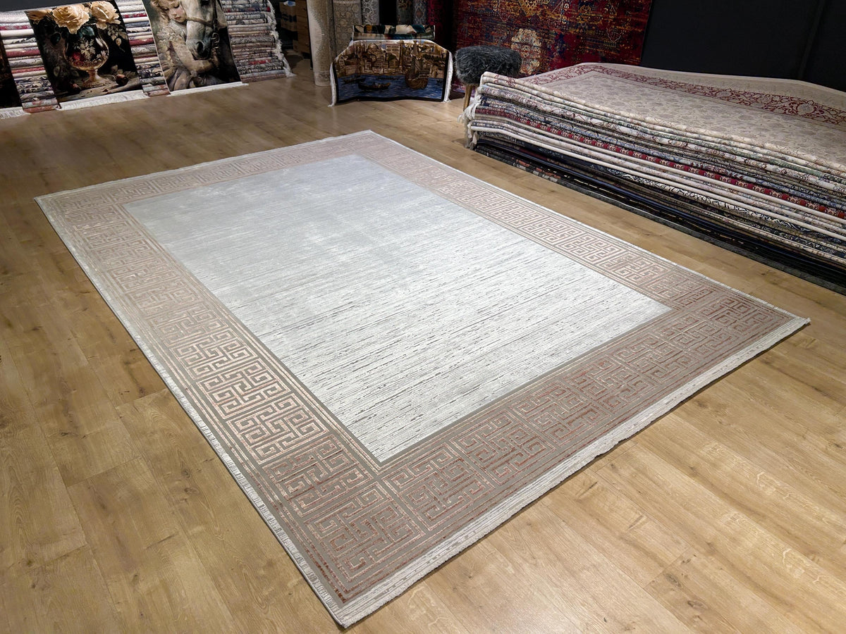 7x10 ft Brick Colour Gray Cream Bamboo Rug, Bordered Minimalist Modern Rug