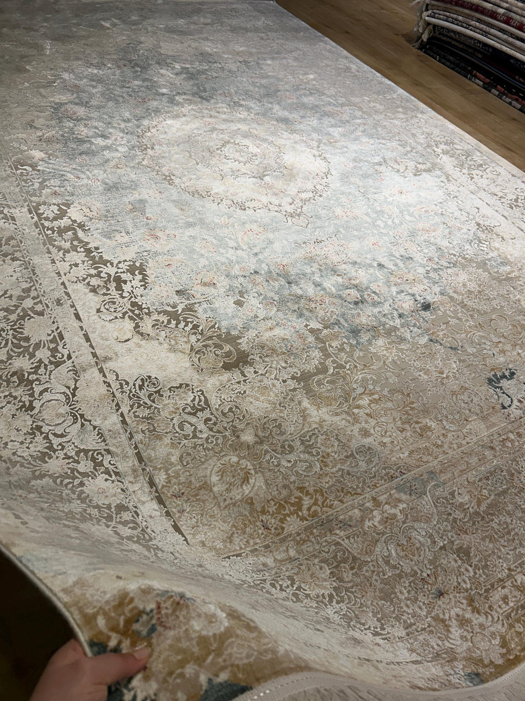 Beige Blue Silk Rug, Medallion Design Classic Silk Carpet