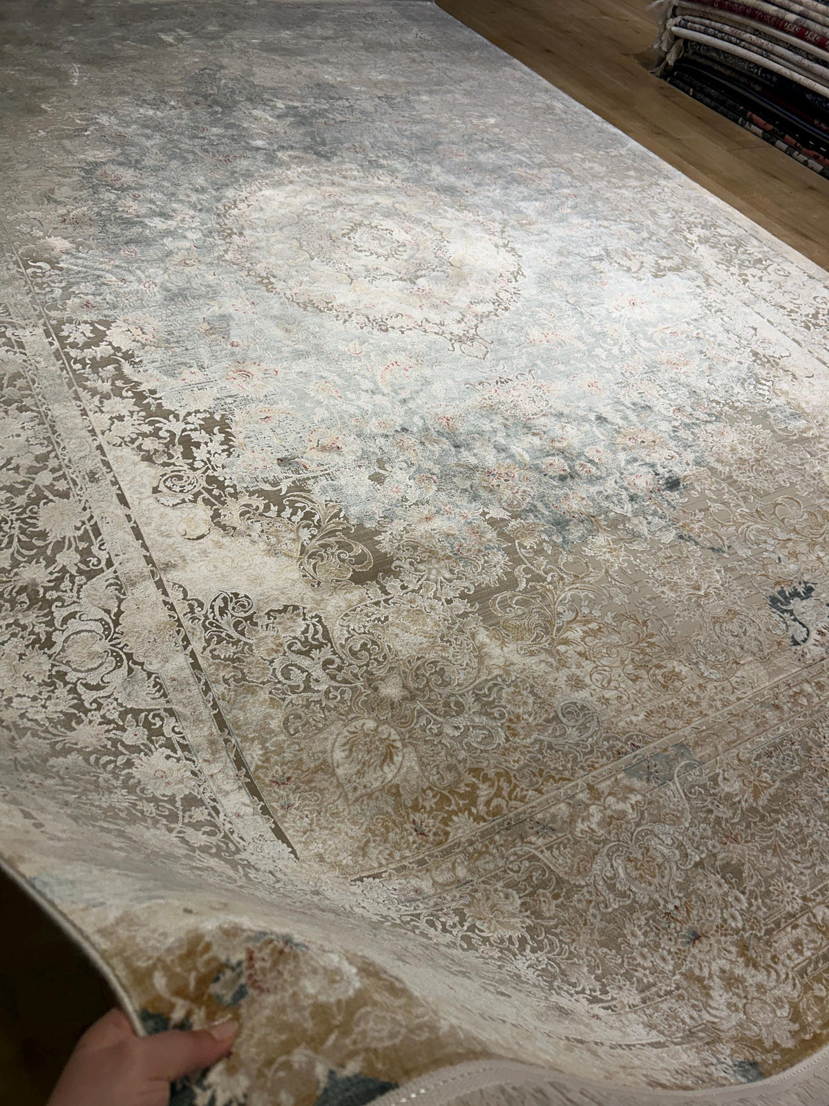 Beige Blue Silk Rug, Medallion Design Classic Silk Carpet