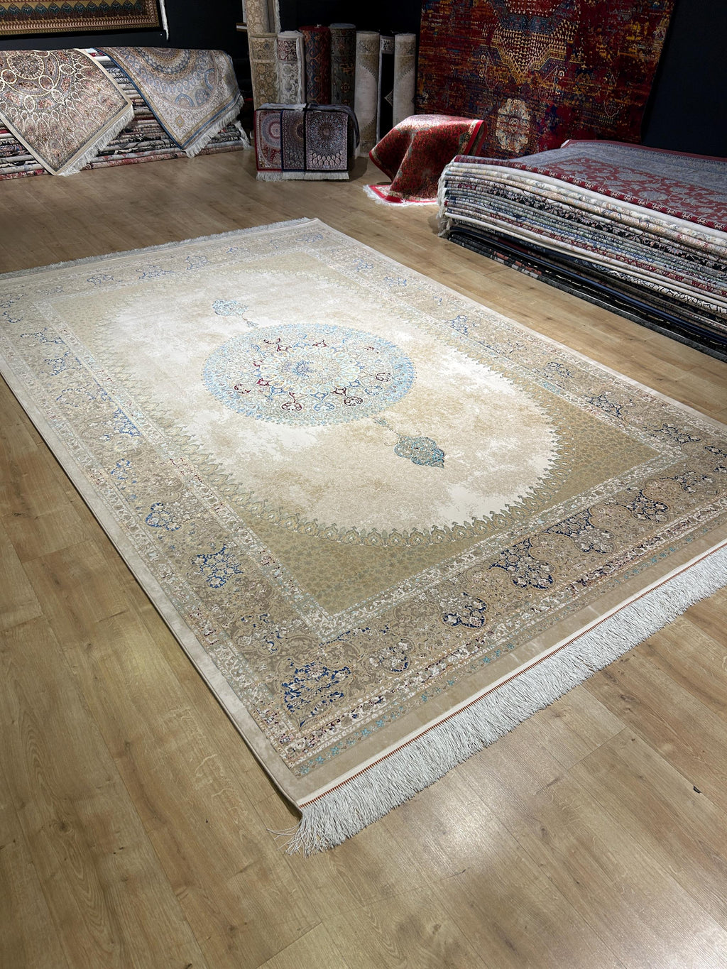 7x10 Beige Silk Rug, Blue Medallion Classic Luxury Turkish Carpet