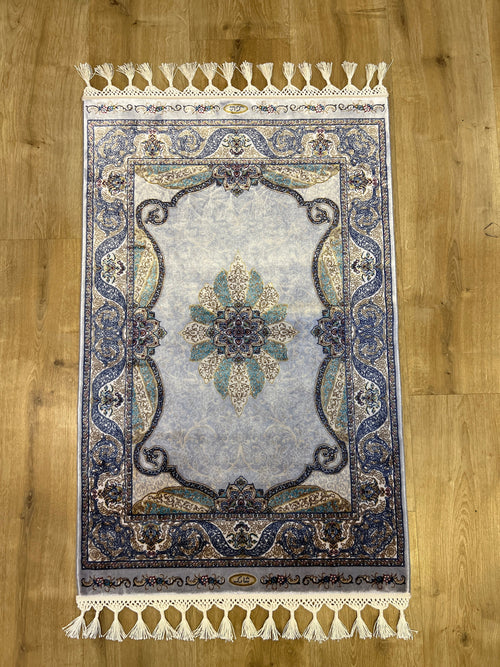 2x3 Ft Gray Silk Rug, Gold And Blue Medallion Pattern, Small Gift Rug, Tapestry