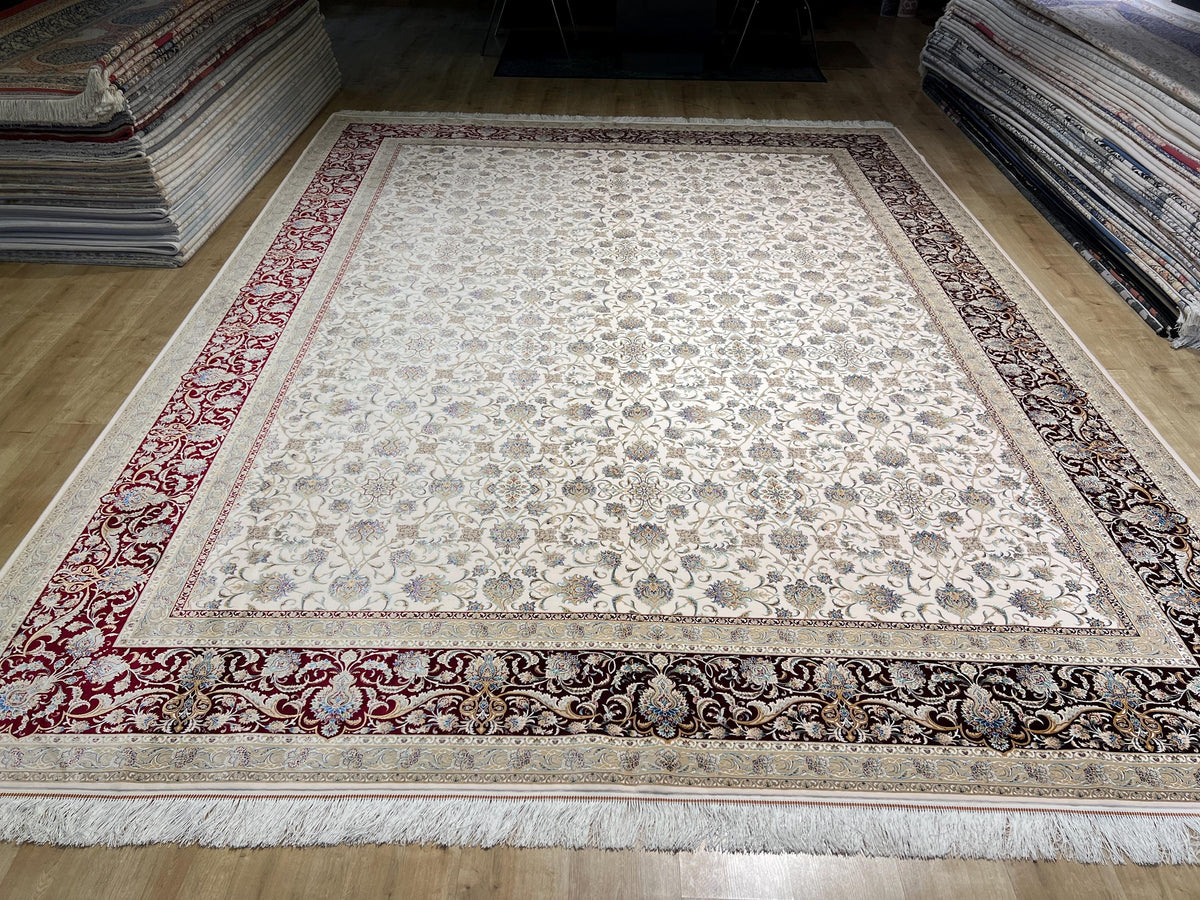Cream Red Silk Rug, 10x13 ft, Large Classic Luxury Area Rug