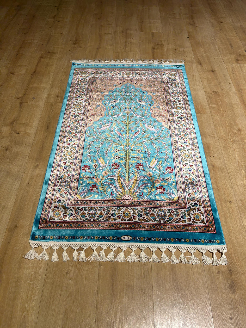 2.62x4.10 ft Blue Silk Prayer Rug, Floral and Bird Design Mat, Muslim Janamaz Mat