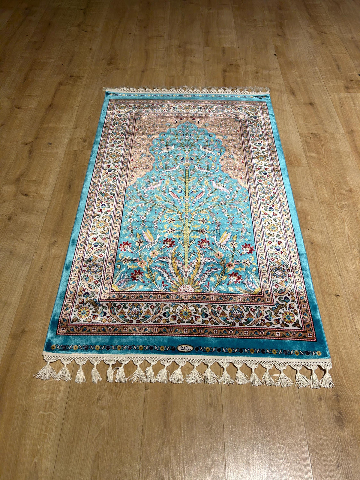 2.62x4.10 ft Blue Silk Prayer Rug, Floral and Bird Design Mat, Muslim Janamaz Mat