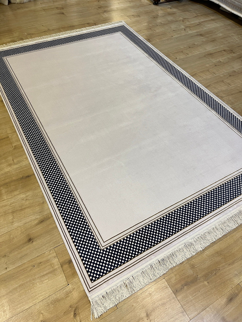 White and Blue Bamboo Rug, Bordered Minimalist Rug, 5x8 ft