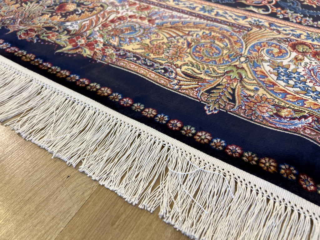 Dark Blue Silk Rug 6.5x9.8 ft, Traditional Turkish Carpet