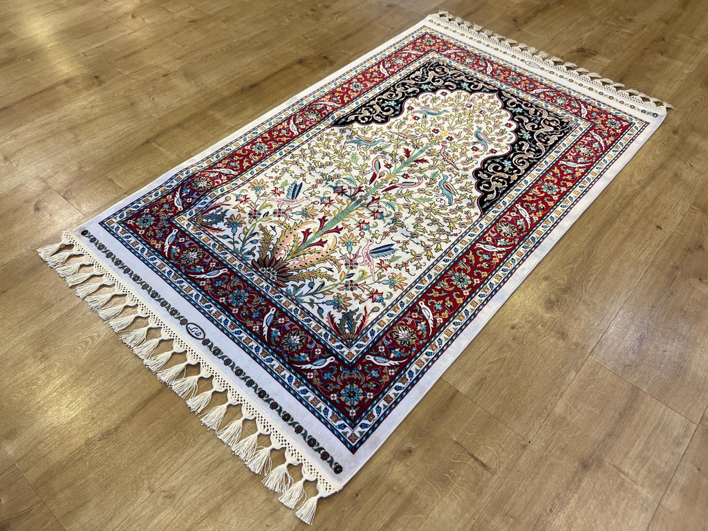 2.62X4.10 ft Ivory Red Silk Prayer Rug, Luxury Muslim Janamaz Mat