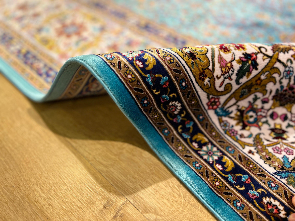 Blue Silk Rug, Floral Border Design, Turkish Style Carpet, Luxury Rug
