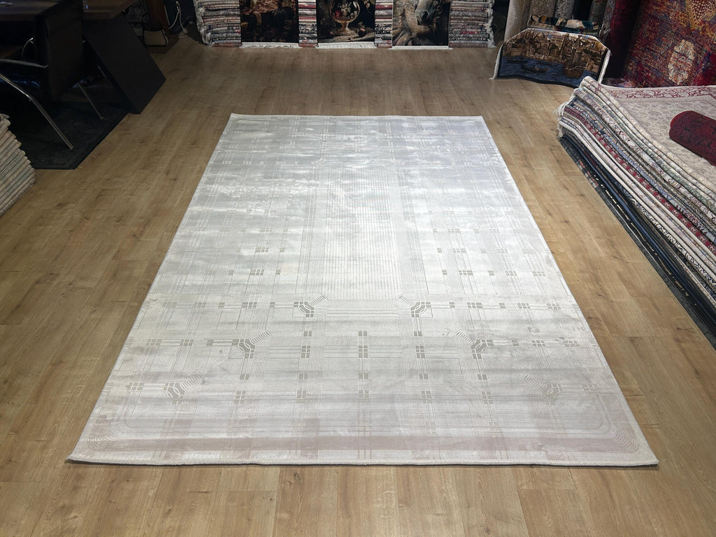 Beige Cream Bamboo Rug, Striped Minimalist Modern Rug, Oversize Carpet