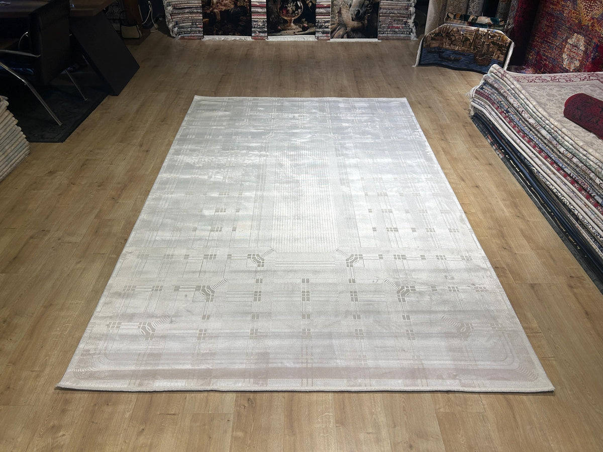 Beige Cream Bamboo Rug, Striped Minimalist Modern Rug, Oversize Carpet