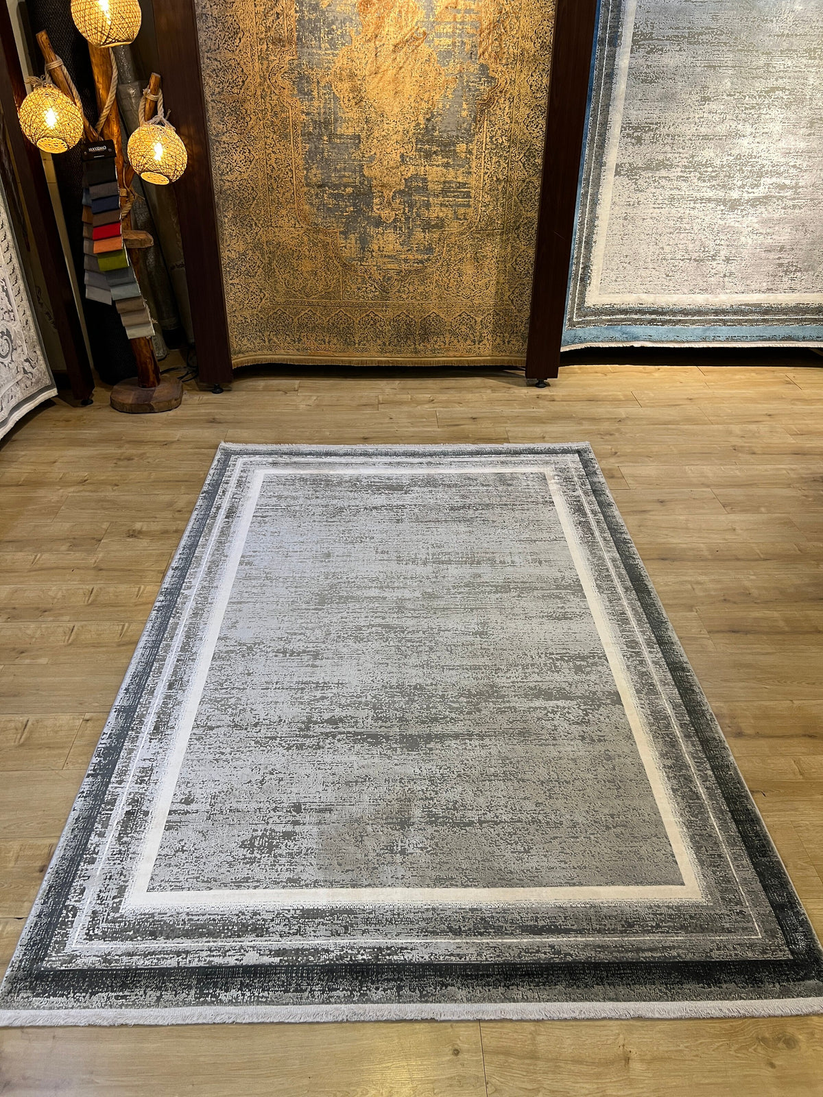 Gray Bamboo Rug, Bordered Modern Bamboo Carpet