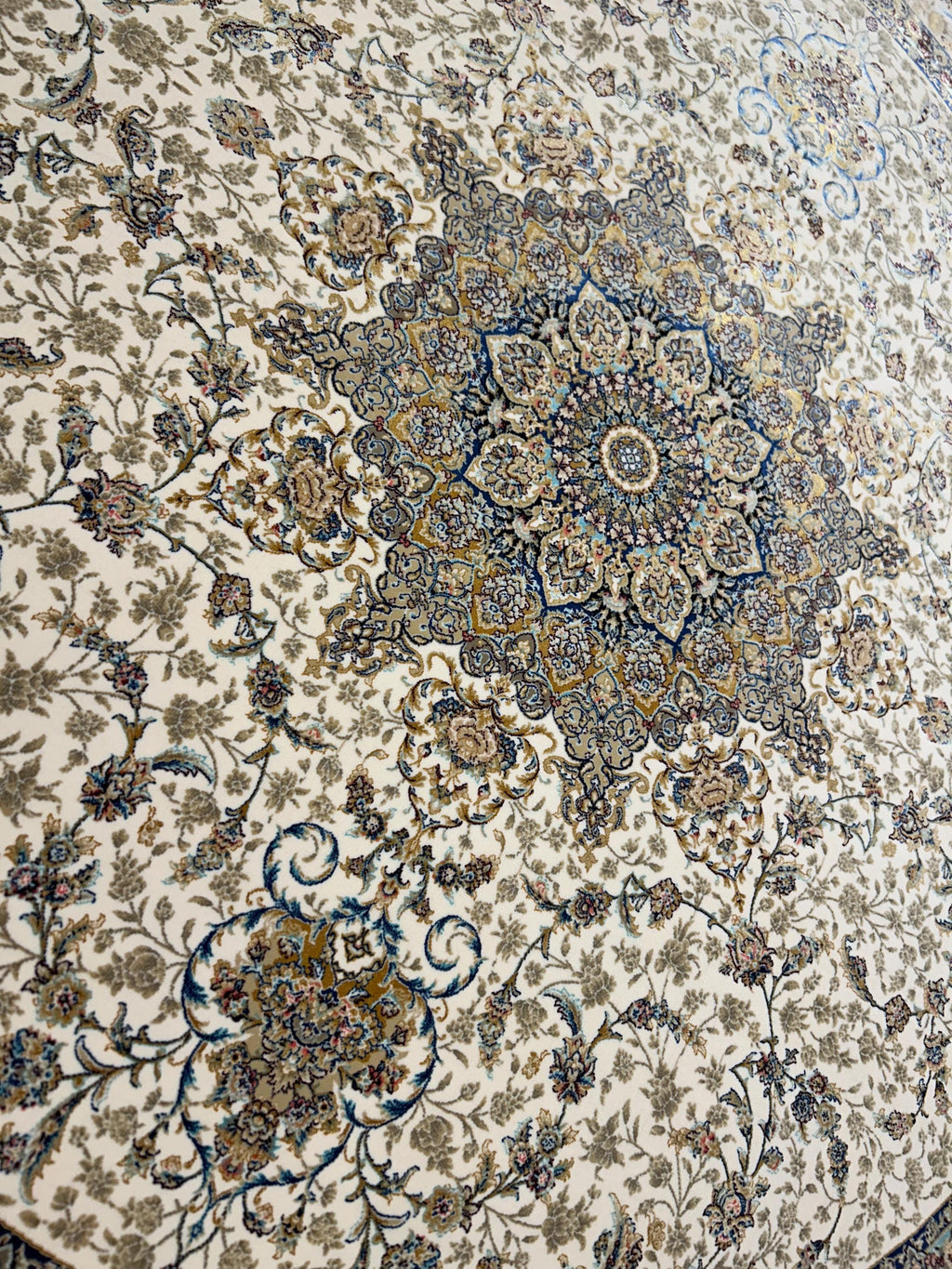 5x5 ft Ivory Blue Beige Round Silk Rug, Classic Turkish Medallion Design Carpet
