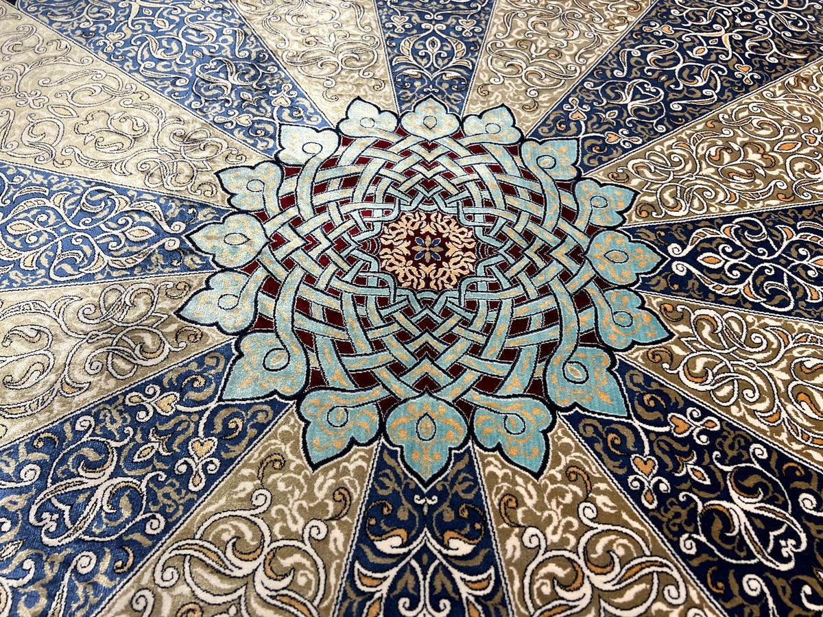 7x10 ft Navy Blue Silk Carpet, Traditional Pattern Rug