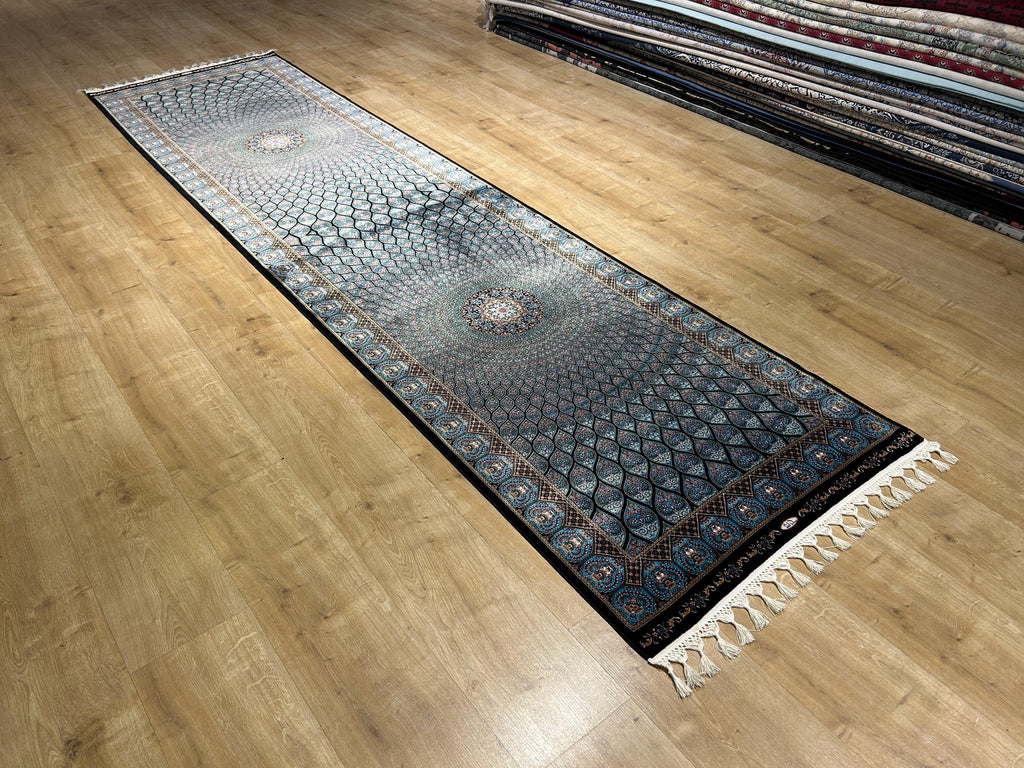 Blue Black Silk Runner Rug, Medallion Peacock Tail Design Rug, Traditional Carpet