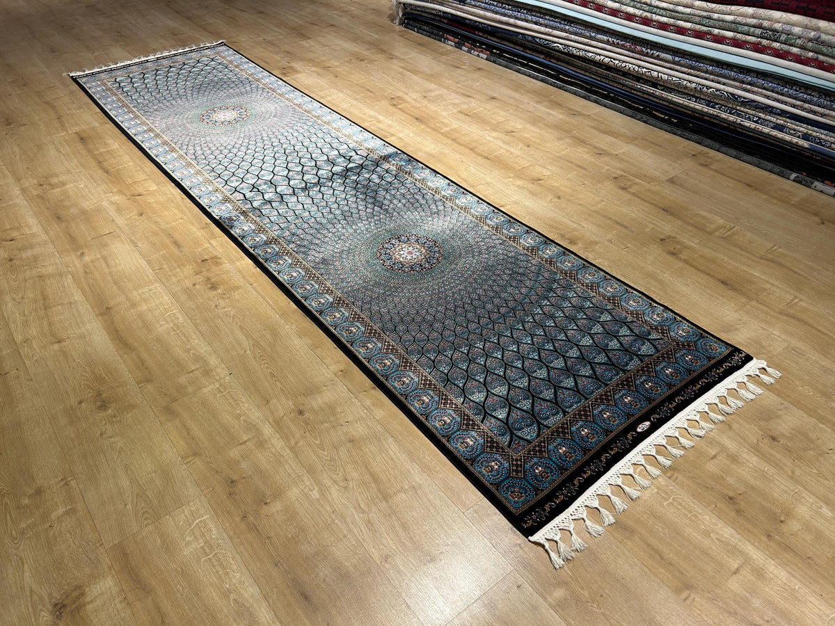 Blue Black Silk Runner Rug, Medallion Peacock Tail Design Rug, Traditional Carpet