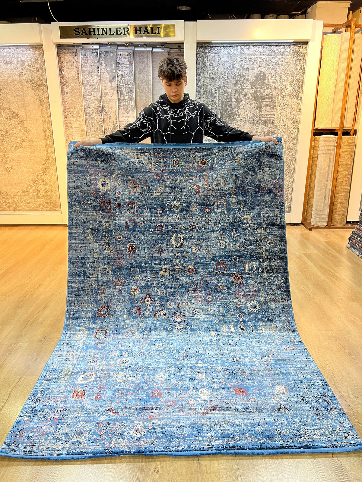 Blue Turkish Bamboo Rug, 5x8 ft, Home Decor Carpet