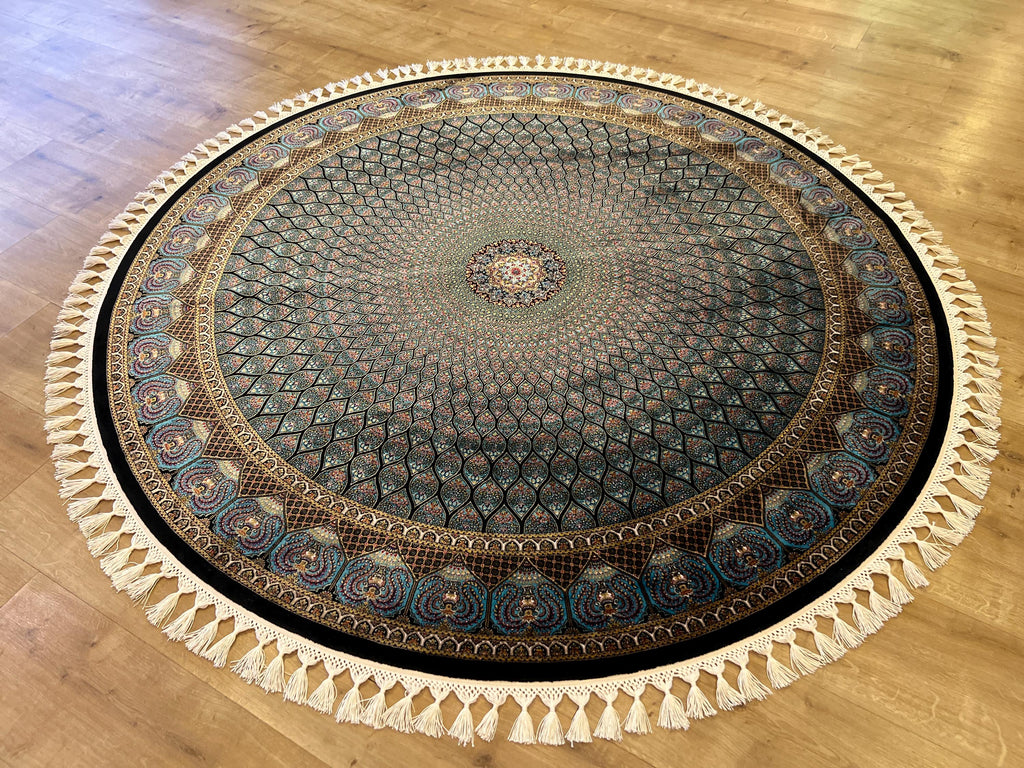 Blue Round Silk Rug, Classic Turkish Style Carpet, Medallion Design
