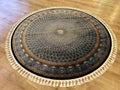 Blue Round Silk Rug, Classic Turkish Style Carpet, Medallion Design