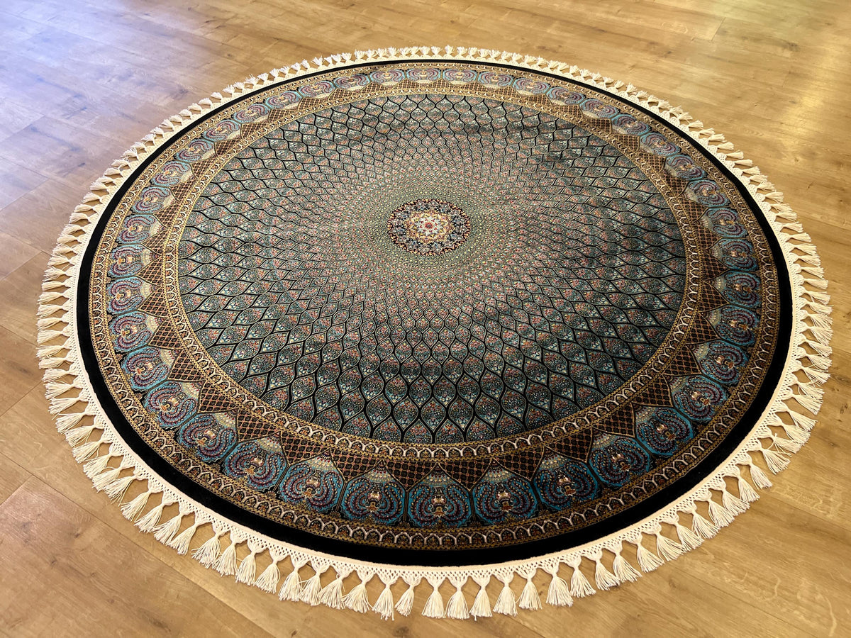 Blue Round Silk Rug, Classic Turkish Style Carpet, Medallion Design