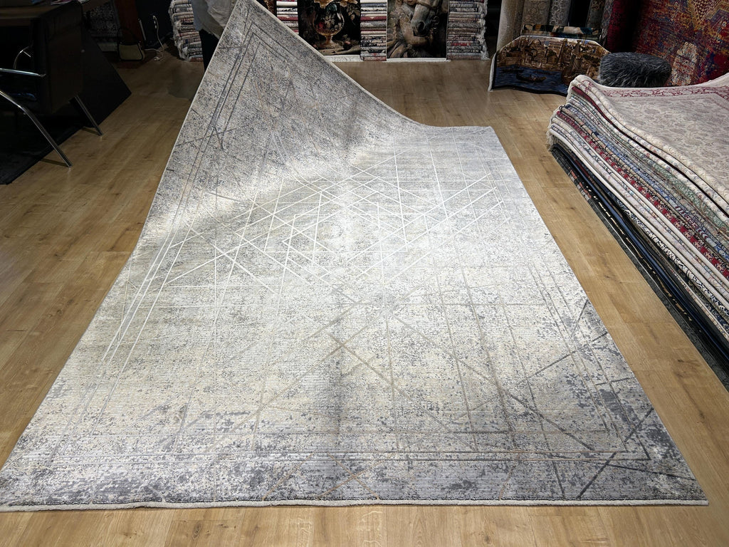 Gray Gold Bamboo Rug, Geometric Striped Pattern, Abstract Modern Area Rug