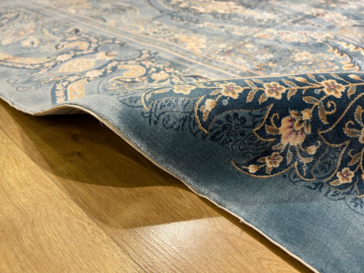 7x10 ft Blue Classic Turkish Style Silk Area Rug with Elegant Luxury Design