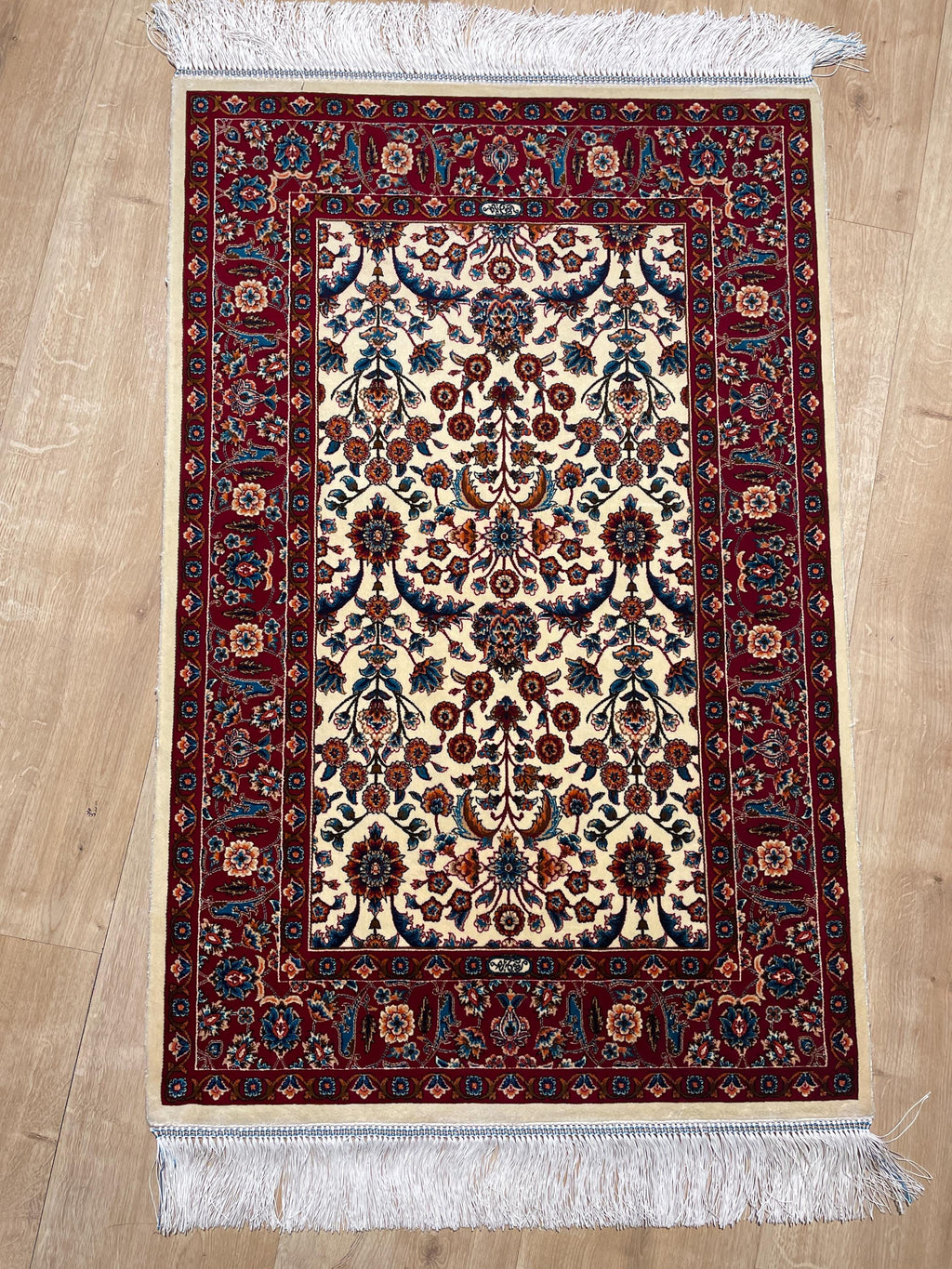 Cream Small Silk Rug, Red Bordered Floral Silk Mat, Luxury Home Decor