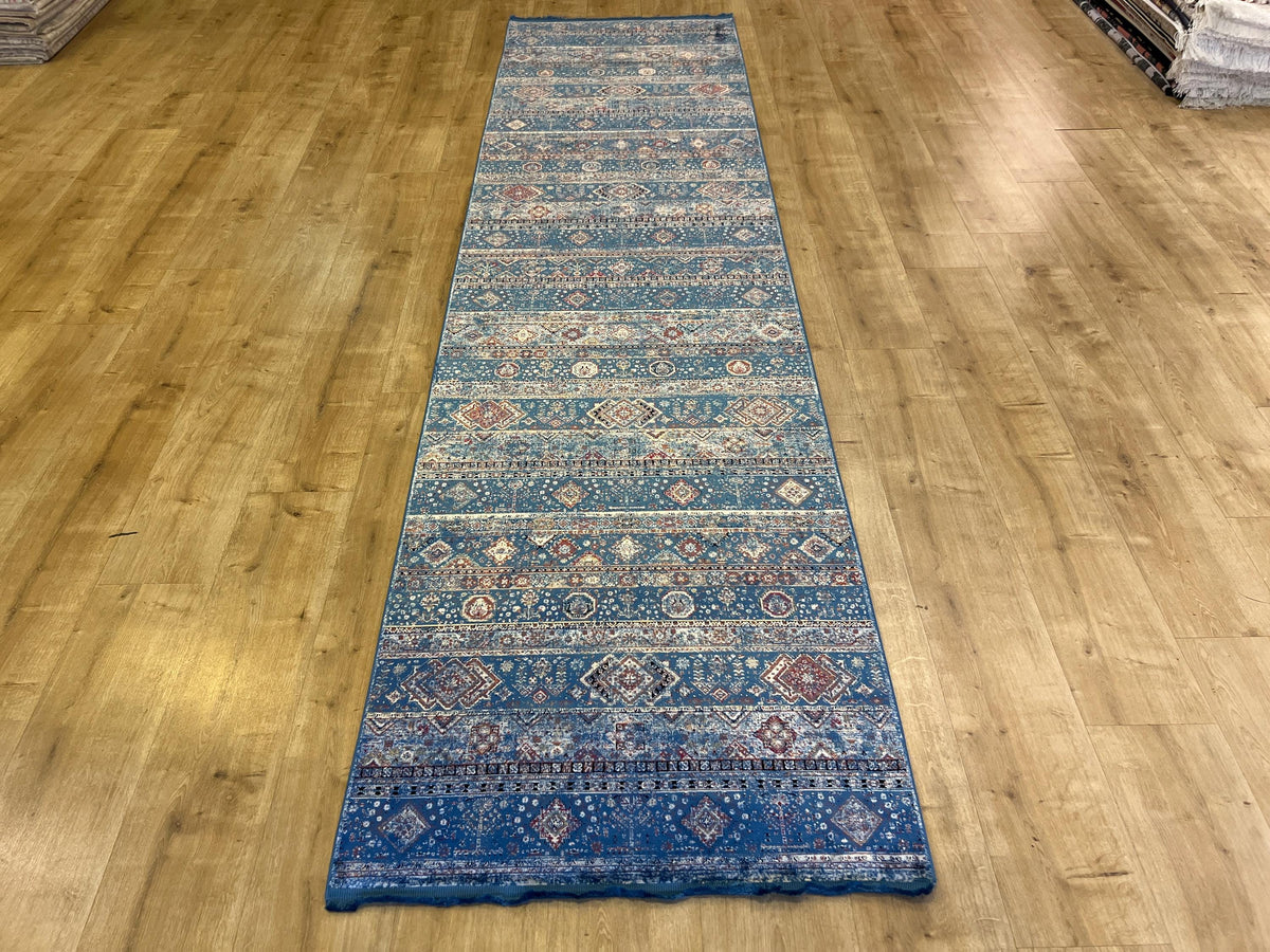 Blue Ethnic Pattern Bamboo Runner Rug, 3x10 ft, Modern Hallway Rug