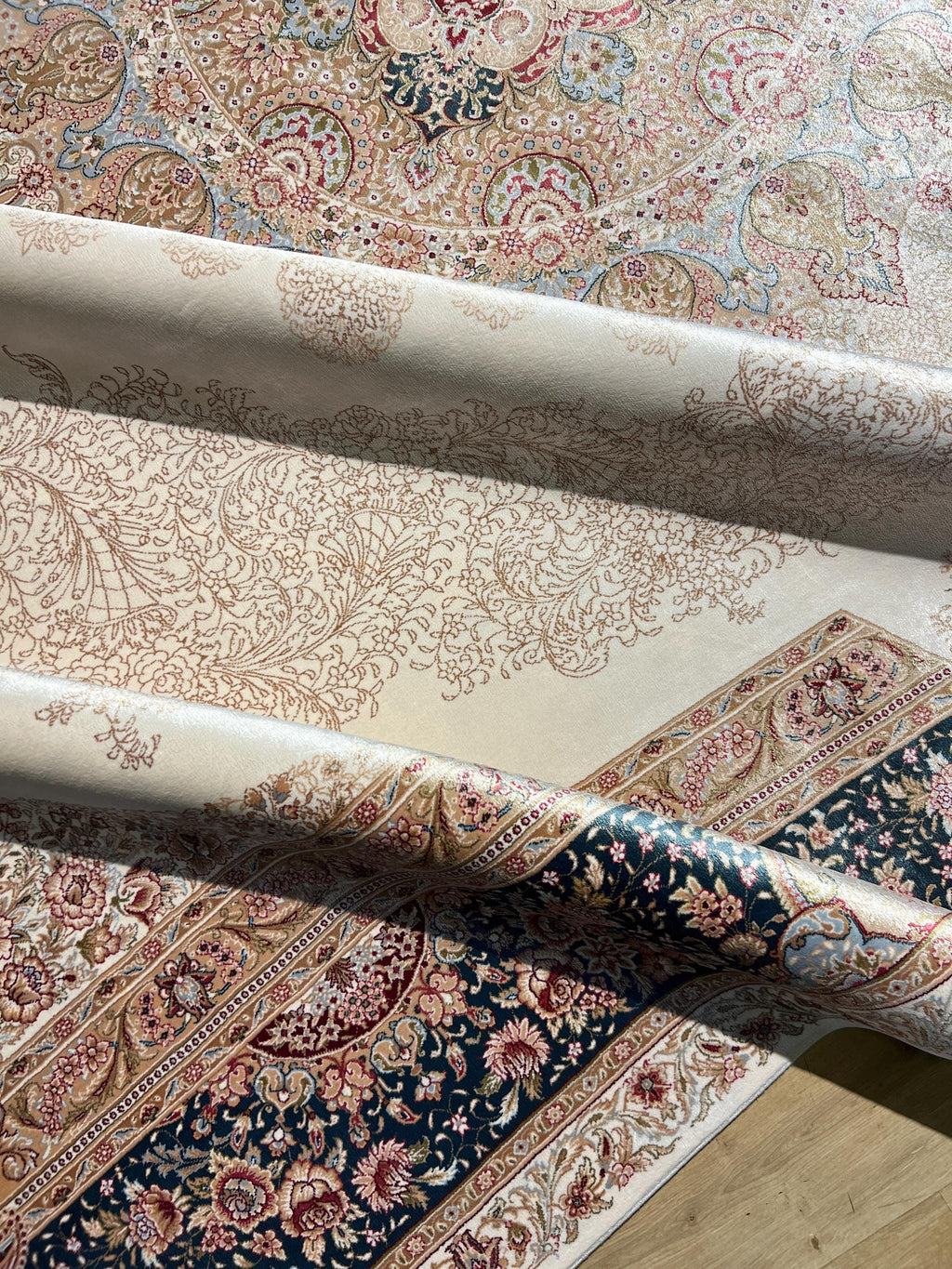 Cream Blue Silk Rug, Turkish Ottoman Style, 8x11 ft