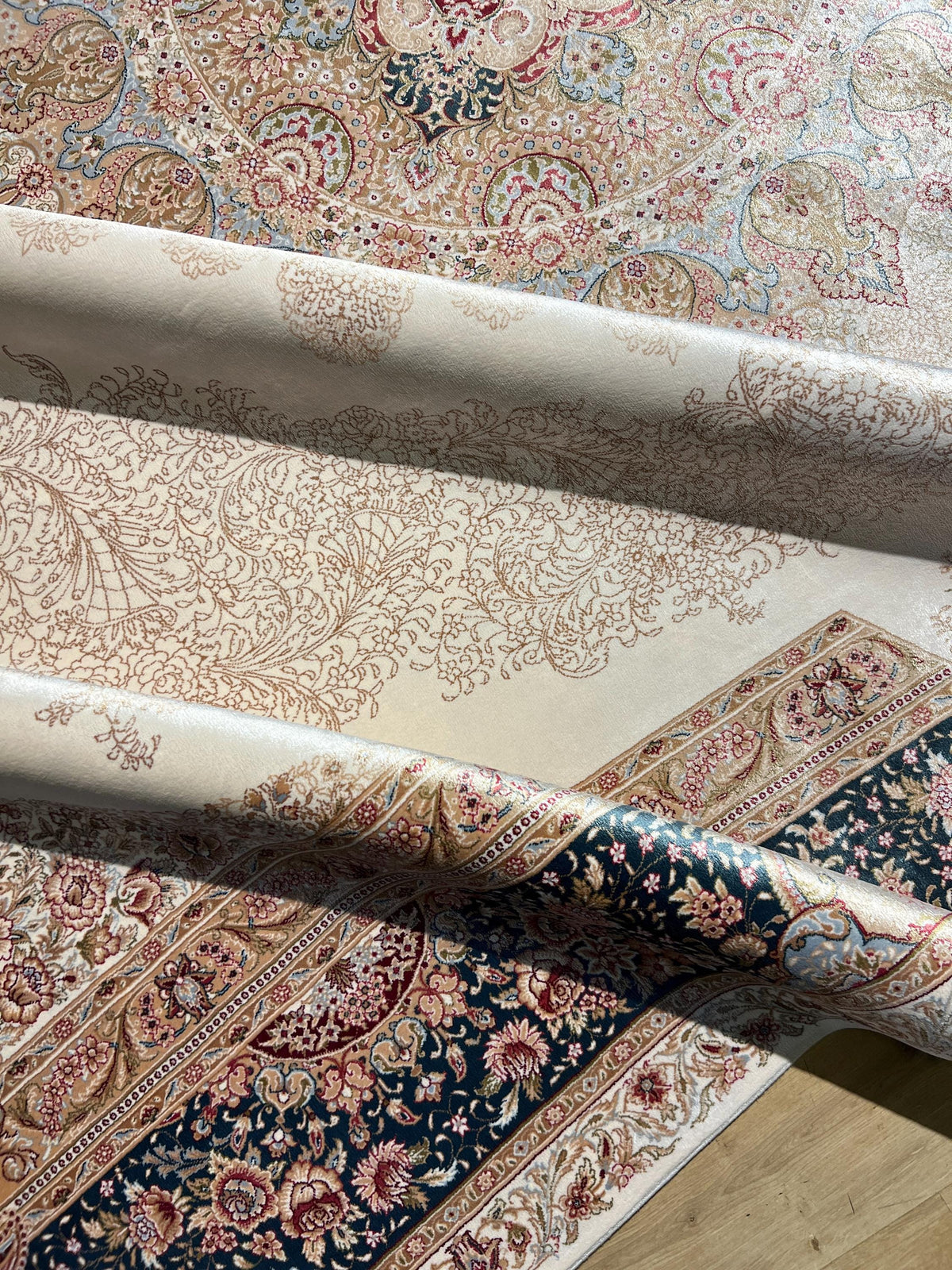 Cream Blue Silk Rug, Turkish Ottoman Style, 8x11 ft