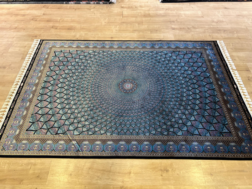 Blue Silk Rug, Classic Turkish Style Carpet, Medallion Design, Luxury Rug