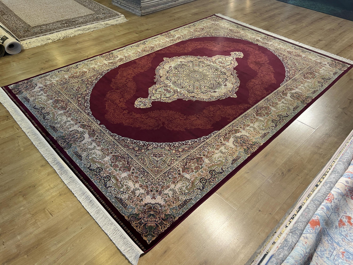 Red Beige Silk Palace Rug, 8x11 ft, Turkish Carpet