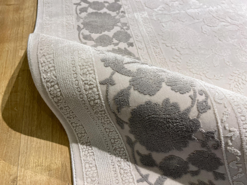 Ivory Floral Pattern Rug, Grey Border Carpet, Turkish Home Decor