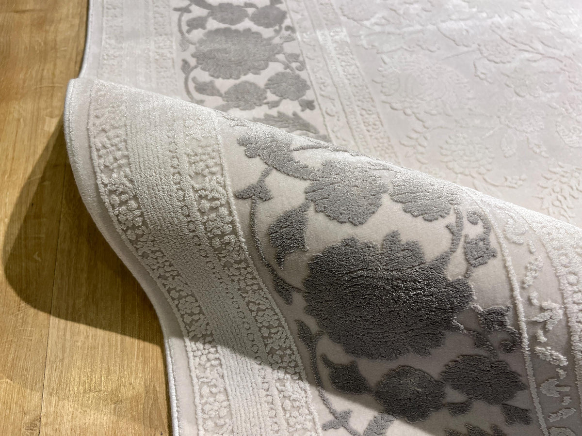 Ivory Floral Pattern Rug, Grey Border Carpet, Turkish Home Decor