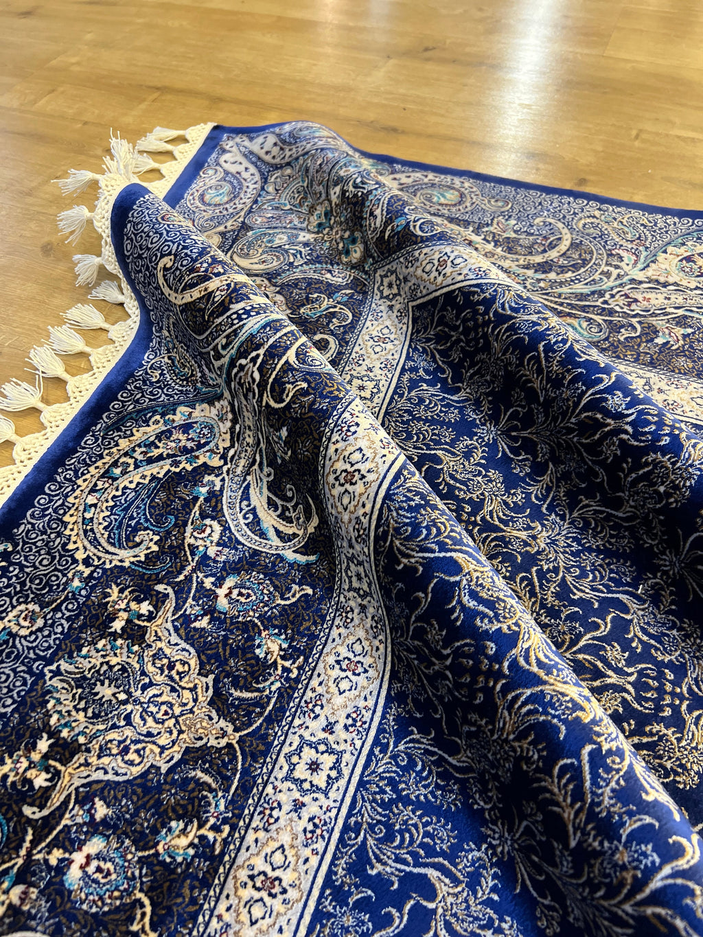 Dark Blue Silk Rug, Bordered Classic Turkish Carpet