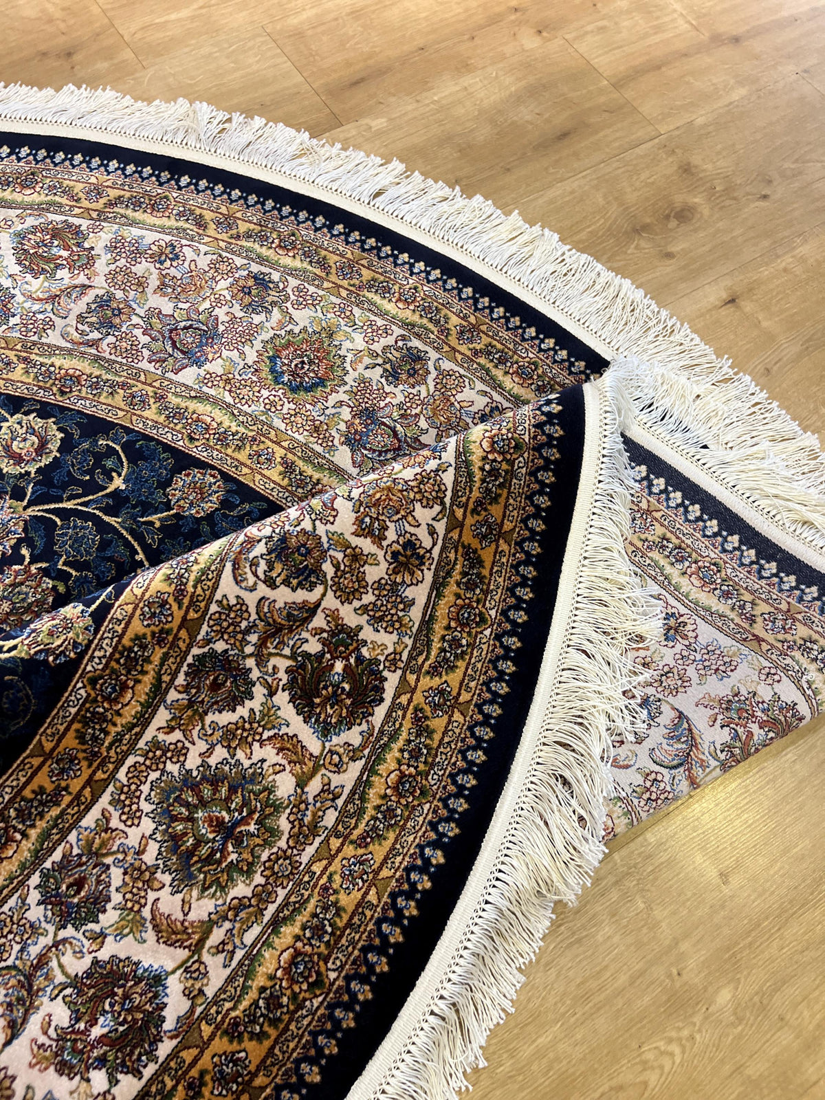 7x7 Ft Round Navy Blue Silk Rug, Floral Pattern Design, Classic Luxury Area Rug