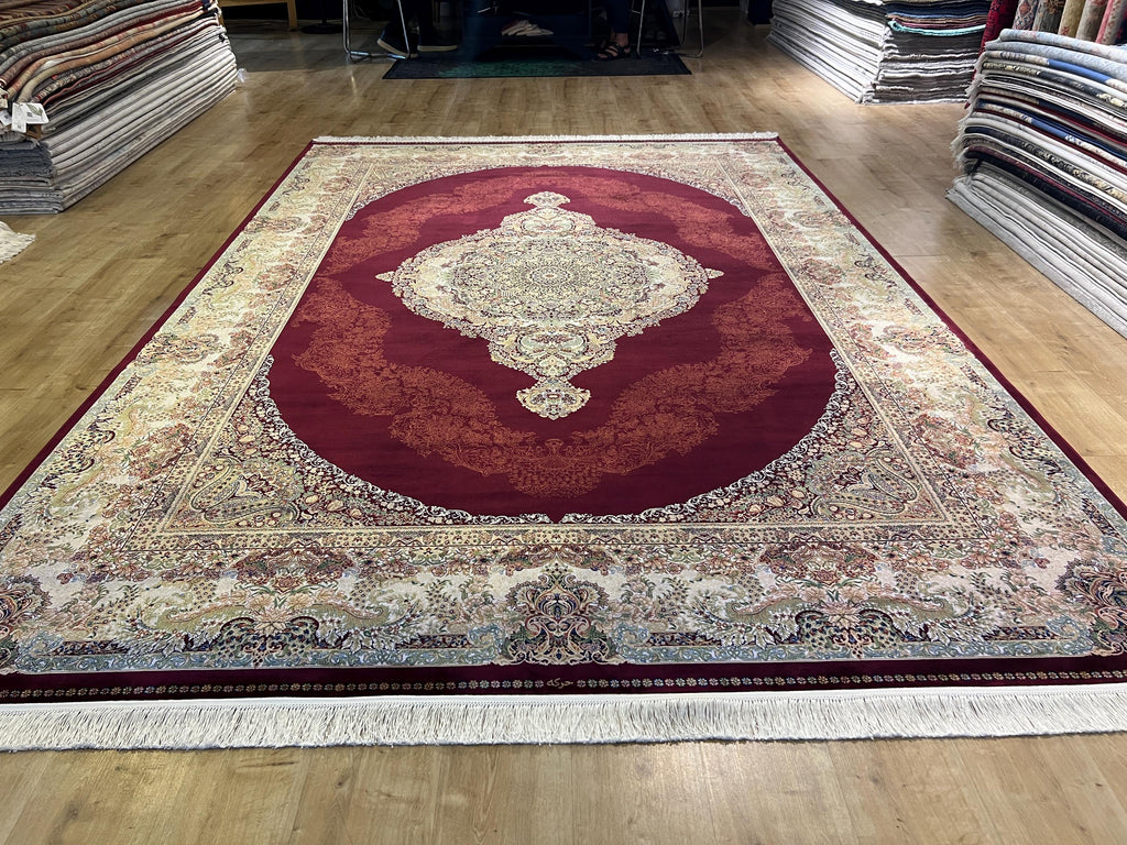 Red Beige Silk Palace Rug, 8x11 ft, Turkish Carpet