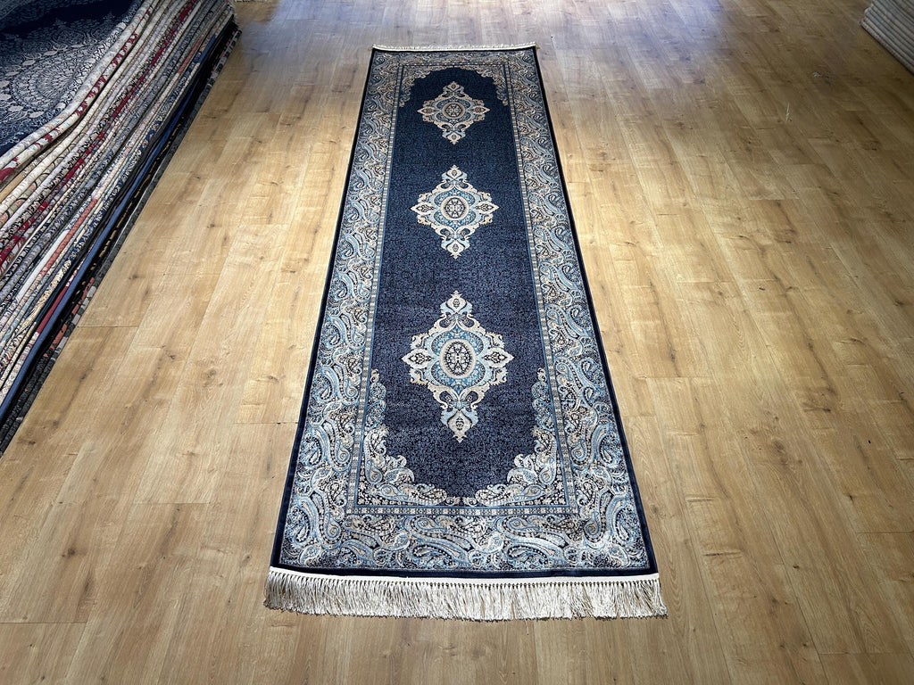 Blue Medallion Turkish Silk Runner Rug, Classic Luxury Hallway Rug