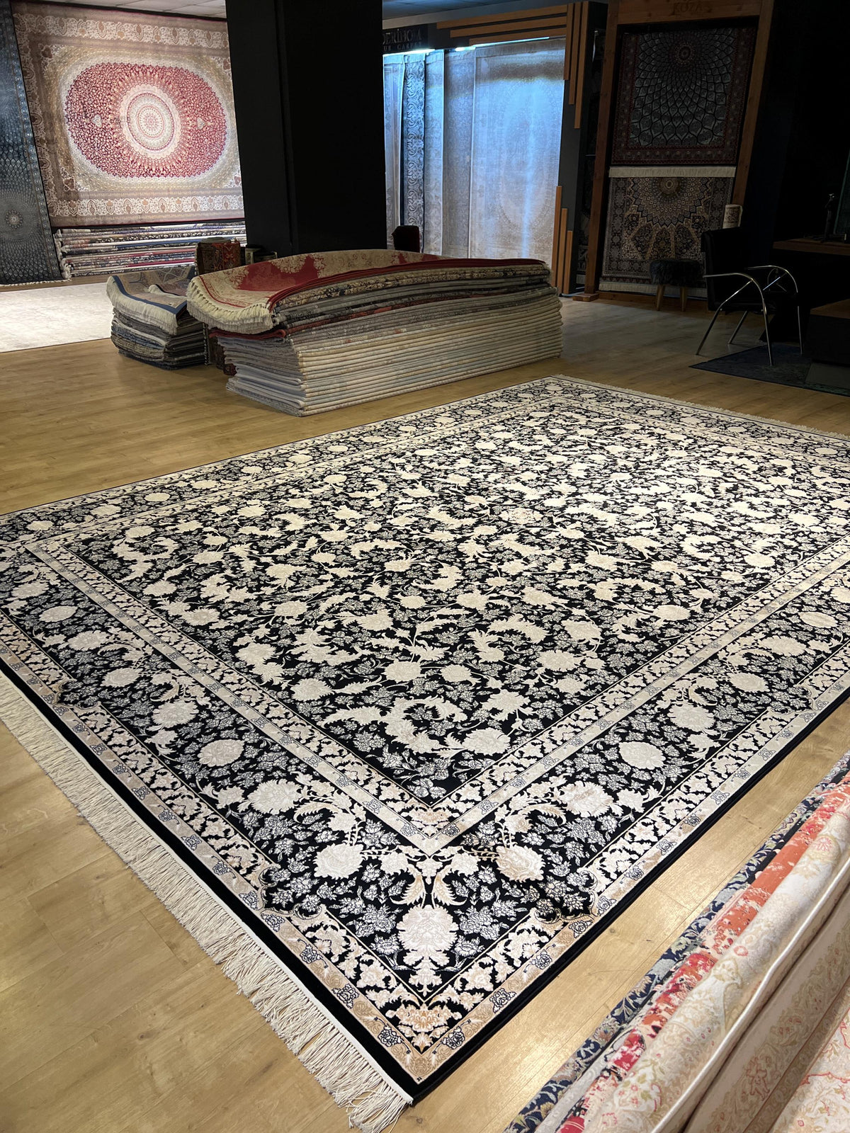 10x13 ft Black Classic Silk Rug with Gold Floral Motifs, Big Silk Carpet