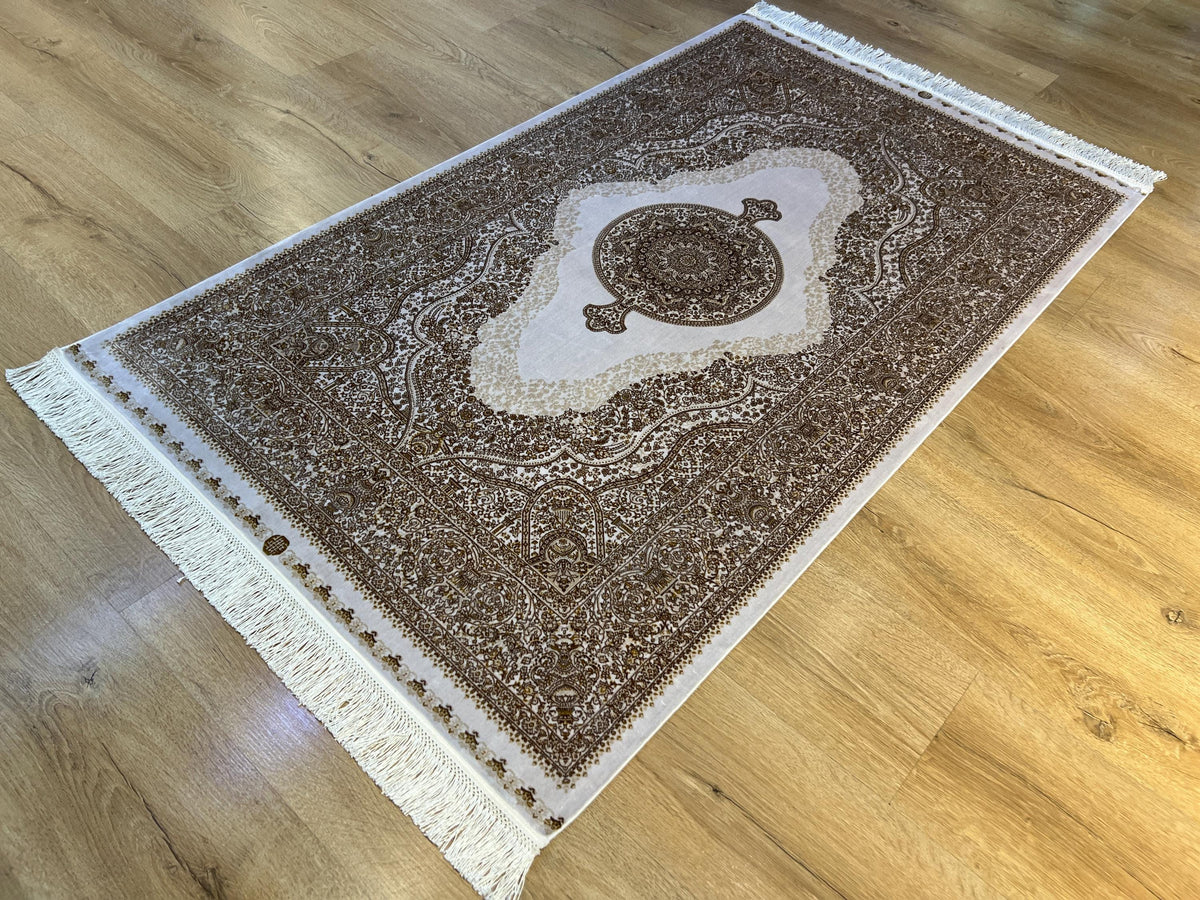 Ivory Silk Rug with Gold Pattern and Medallion, 3x5 ft, Classic Luxury Small Rug